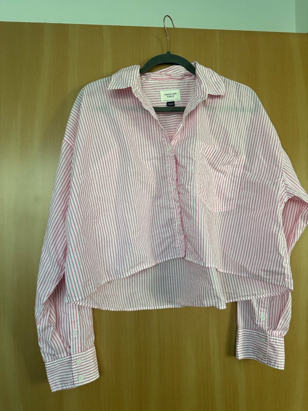 American Eagle Pink & White Striped Crop Button-Up Shirt